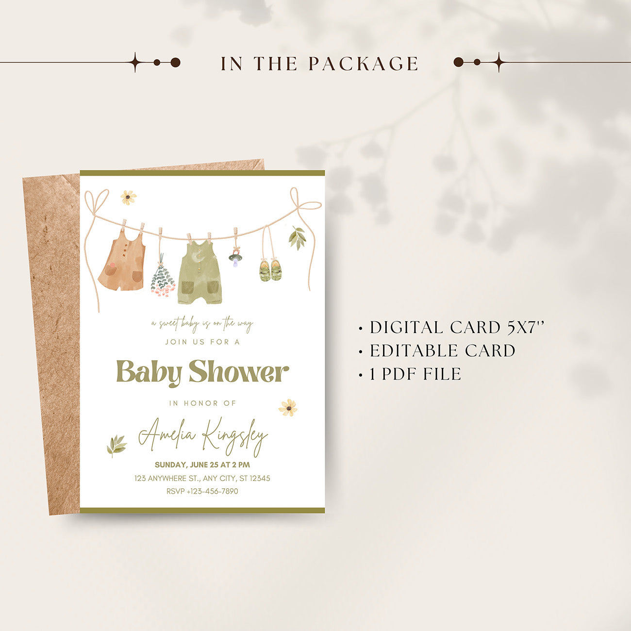 Neutral Baby Shower Invitation Green Editable Template - Digital download