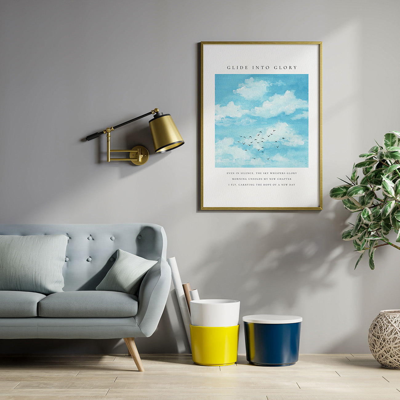 Watercolor Cloud with Birds Wall Art - With Frame