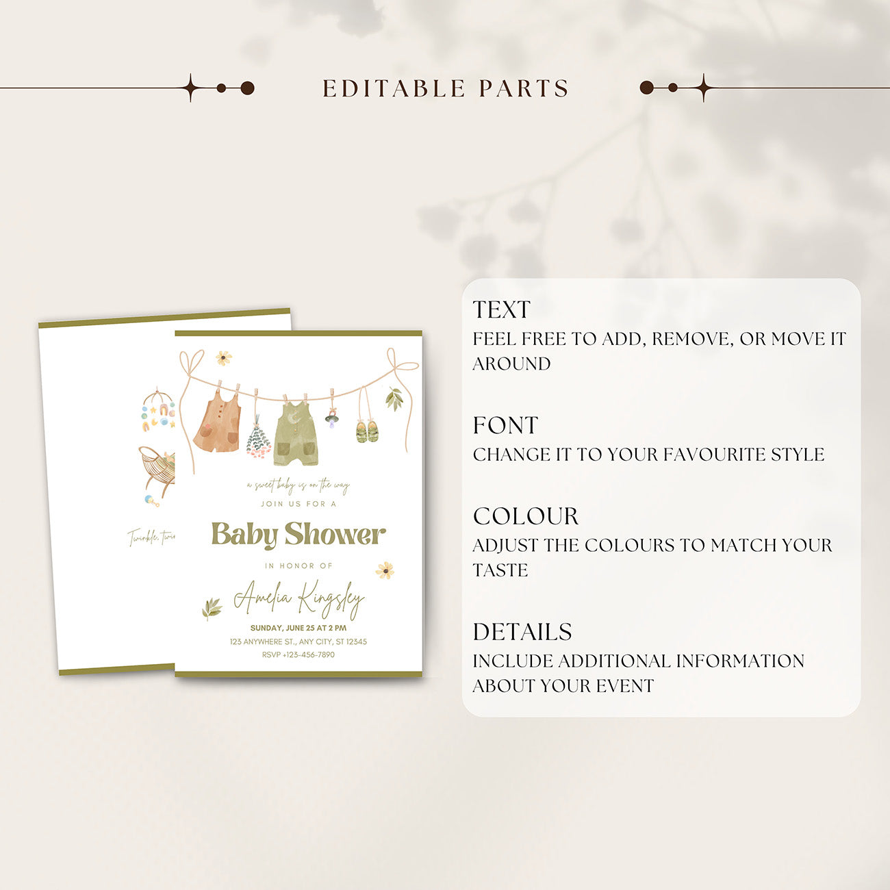 Neutral Baby Shower Invitation Green Editable Template - Digital download