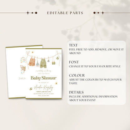 Neutral Baby Shower Invitation Green Editable Template - Digital download