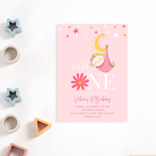 Baby Girl Birthday Invitation Pink Editable Template - Digital download