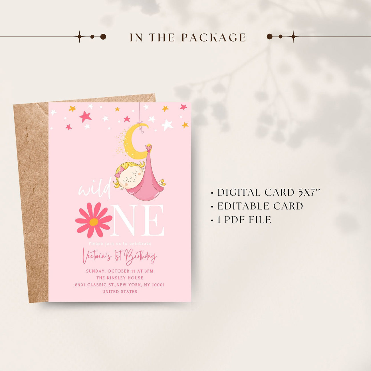 Baby Girl Birthday Invitation Pink Editable Template - Digital download