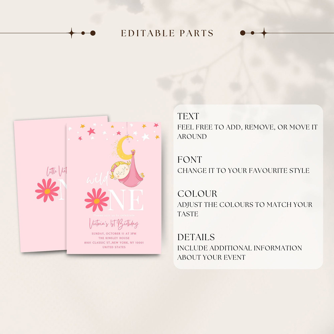 Baby Girl Birthday Invitation Pink Editable Template - Digital download