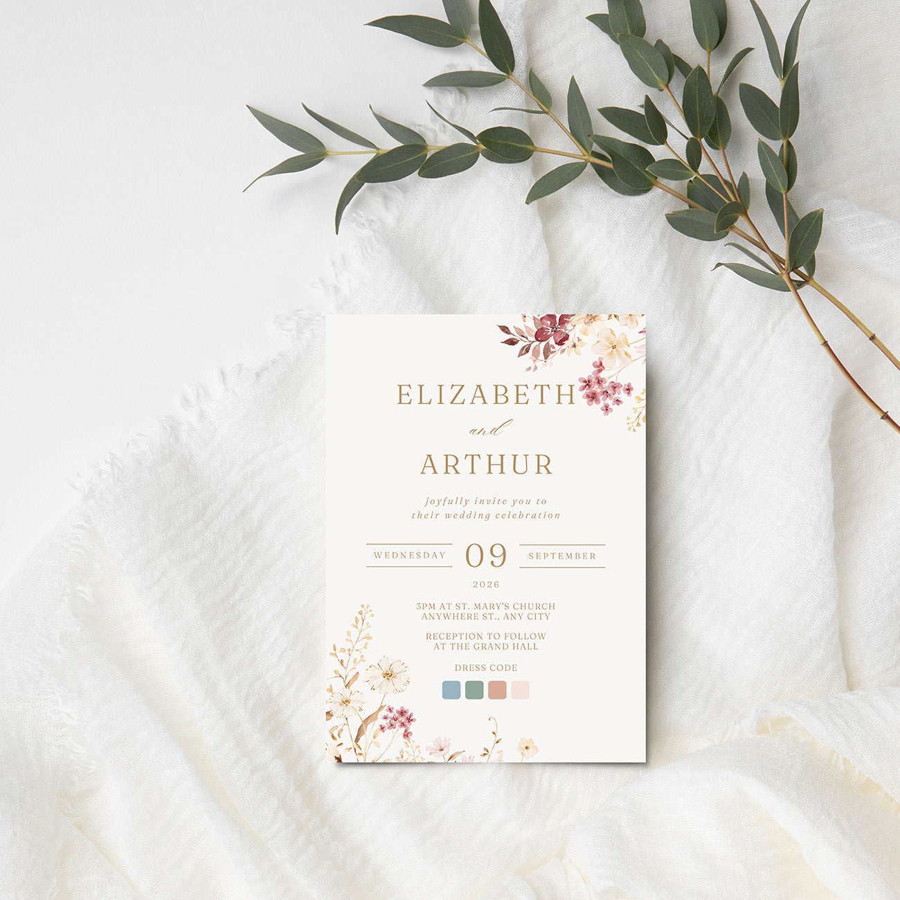 Wildflower Wedding Invitation Editable Template - Digital download