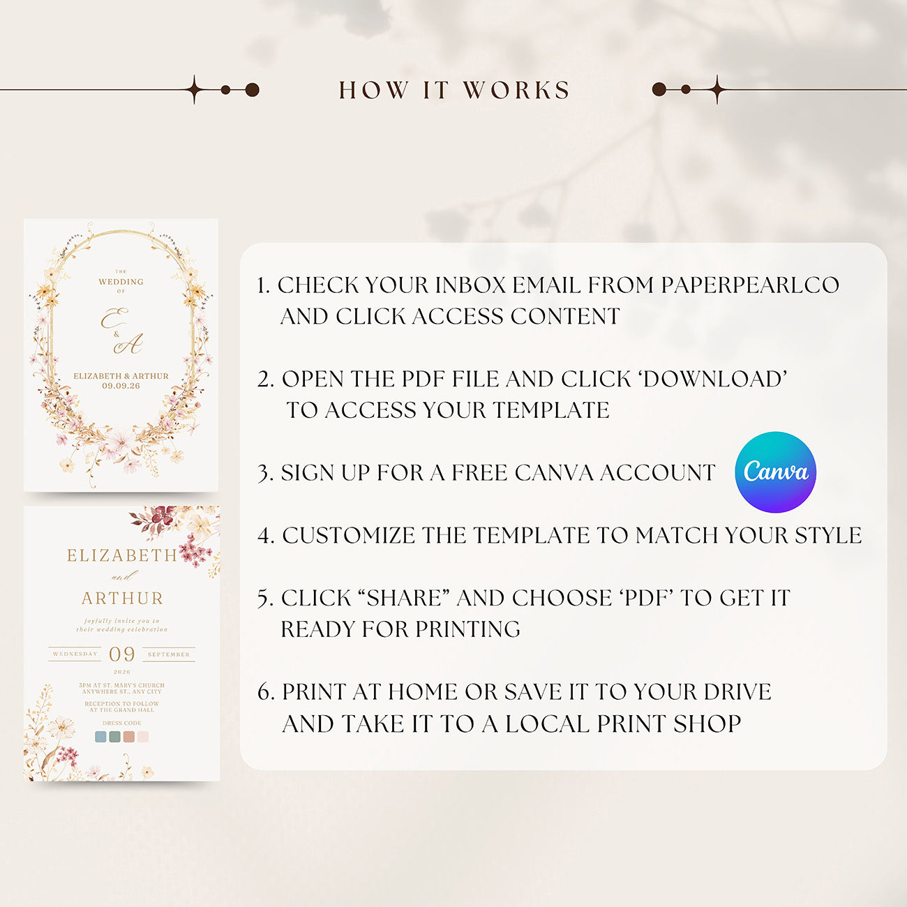 Wildflower Wedding Invitation Editable Template - Digital download