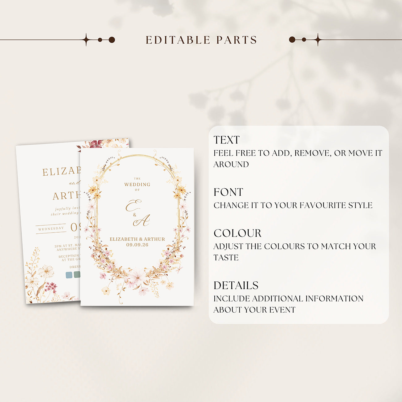 Wildflower Wedding Invitation Editable Template - Digital download