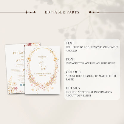 Wildflower Wedding Invitation Editable Template - Digital download