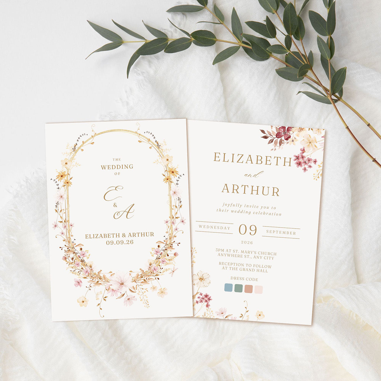 Wildflower Wedding Invitation Editable Template - Digital download