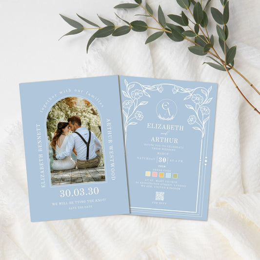 Pastel Blue Wedding Invitation Editable Template - Digital download