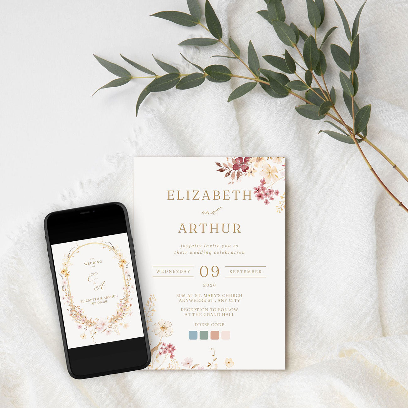 Wildflower Wedding Invitation Editable Template - Digital download