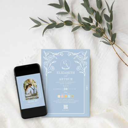 Pastel Blue Wedding Invitation Editable Template - Digital download