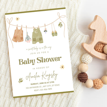 Neutral Baby Shower Invitation Green Editable Template - Digital download