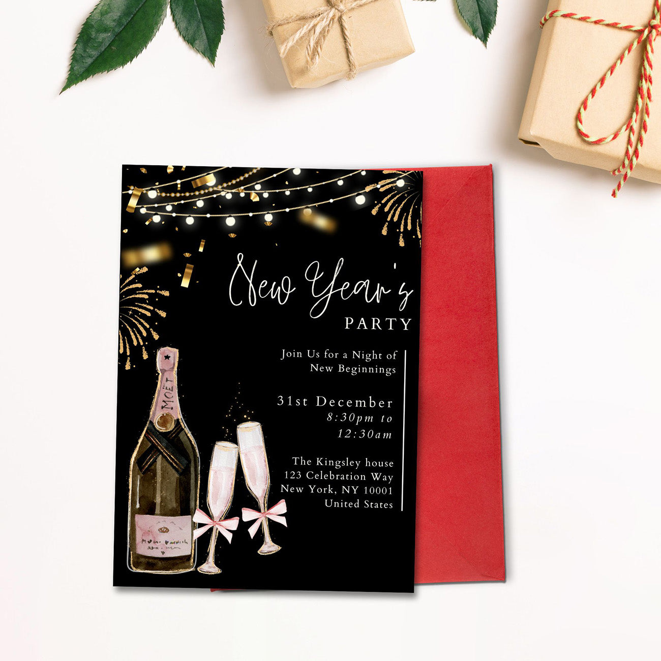 New Years Party Invitation Golden Giltter Editable Template - Digital download