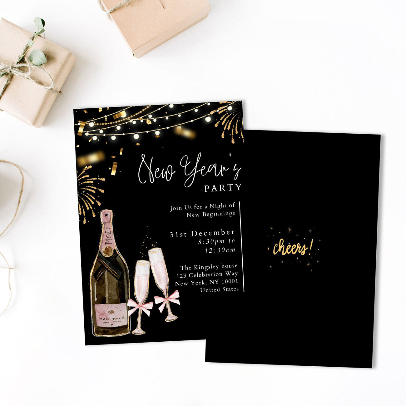 New Years Party Invitation Golden Giltter Editable Template - Digital download