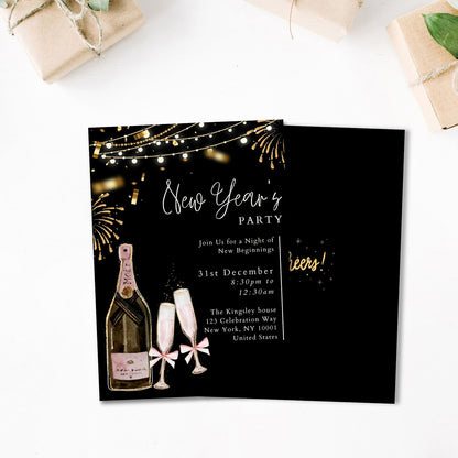 New Years Party Invitation Golden Giltter Editable Template - Digital download