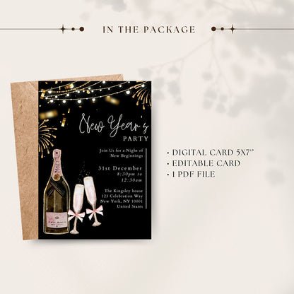 New Years Party Invitation Golden Giltter Editable Template - Digital download