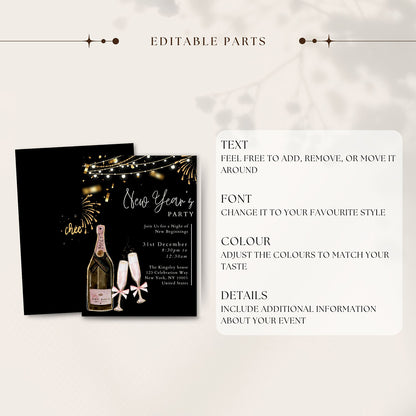 New Years Party Invitation Golden Giltter Editable Template - Digital download