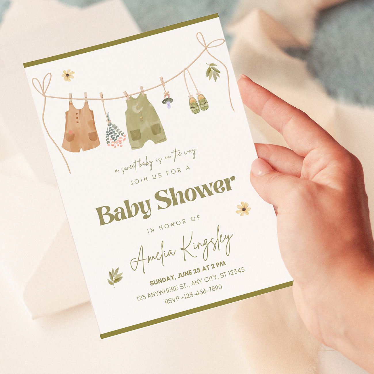 Neutral Baby Shower Invitation Green Editable Template - Digital download