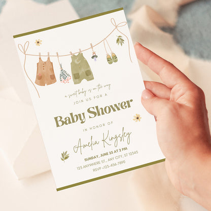 Neutral Baby Shower Invitation Green Editable Template - Digital download