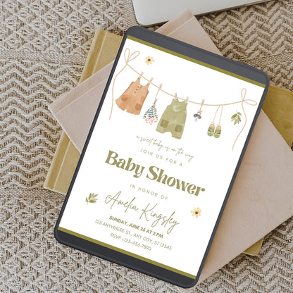 Neutral Baby Shower Invitation Green Editable Template - Digital download